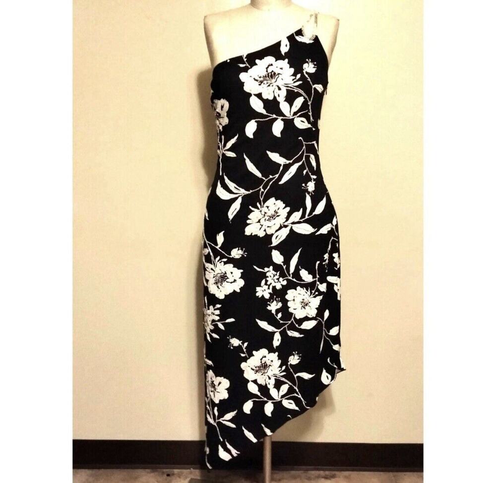 Vtg Cache 90s Y2K Silk Floral Beaded Midi Maxi Black Slip Dress Fairy Goth Sz 10